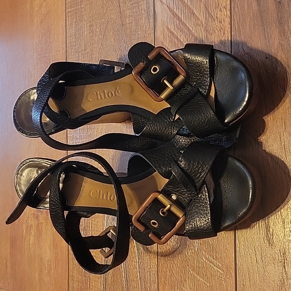 Chloe sz 38 black leather wooden heeled wedges w/buckle detail